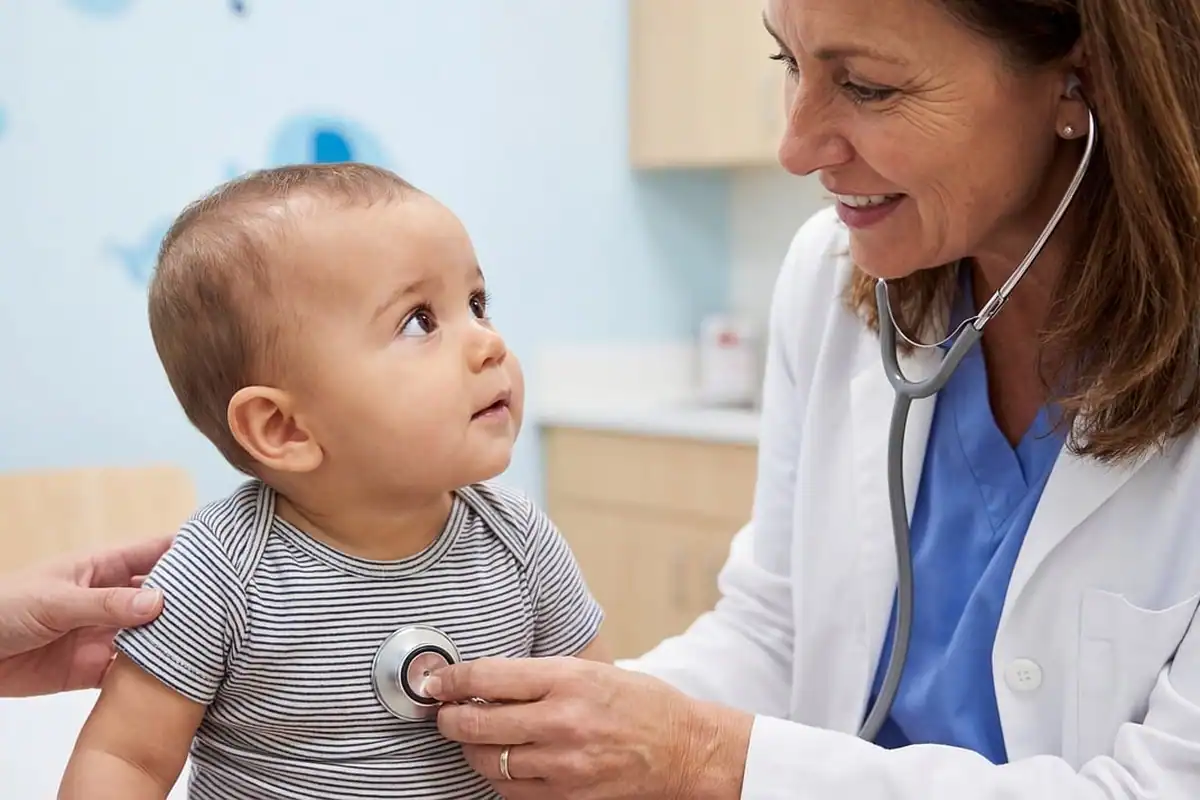 Pediatră ascultă cu stetoscopul pieptul unui bebeluș într-un cabinet luminos