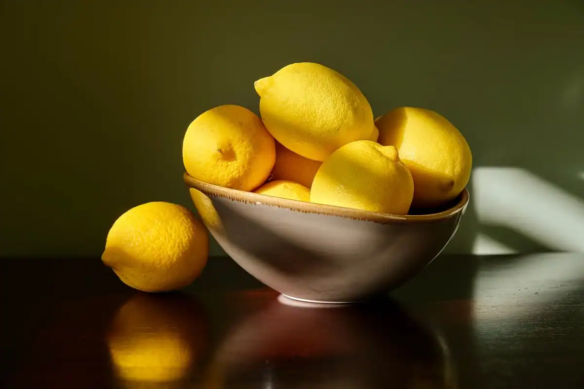 Bol cu lămâi galbene așezat pe o masă, într-o compoziție de natură moartă